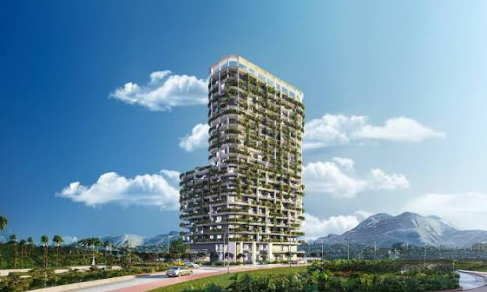 Modern residential tower against blue sky