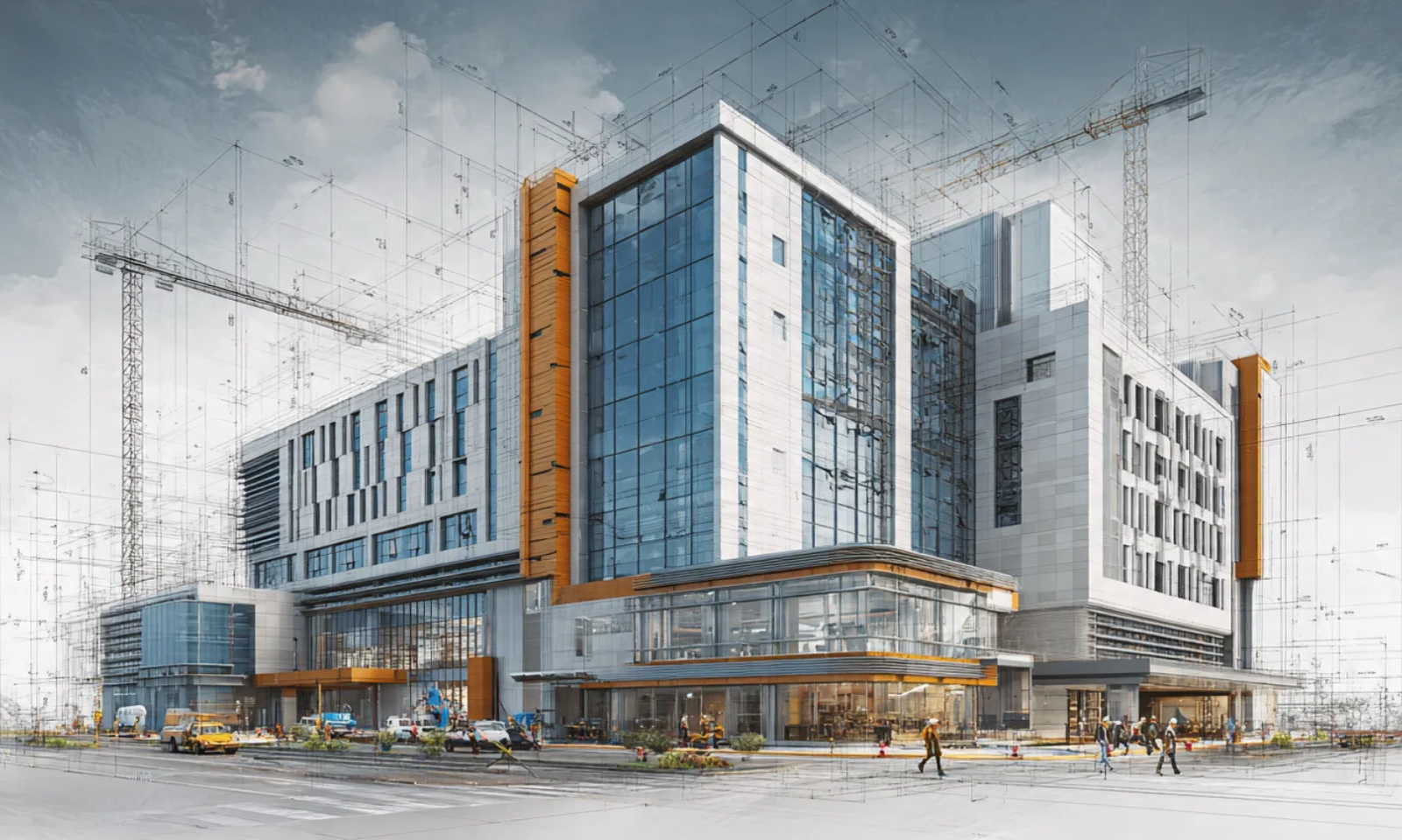 Modern glass office building under construction with cranes, architectural rendering