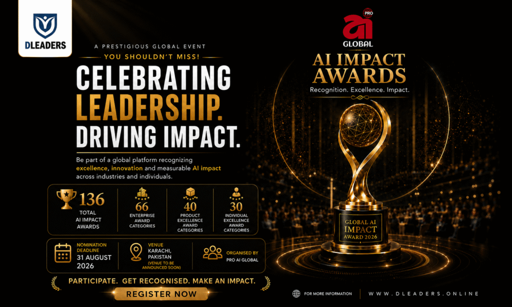 Global AI Impact Awards 2026 promotional banner with golden trophy, Karachi Pakistan